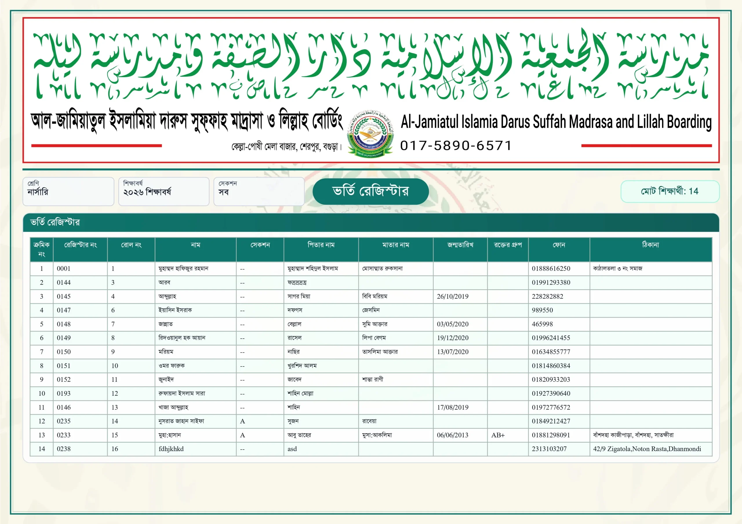 ভর্তি রেজিস্টার