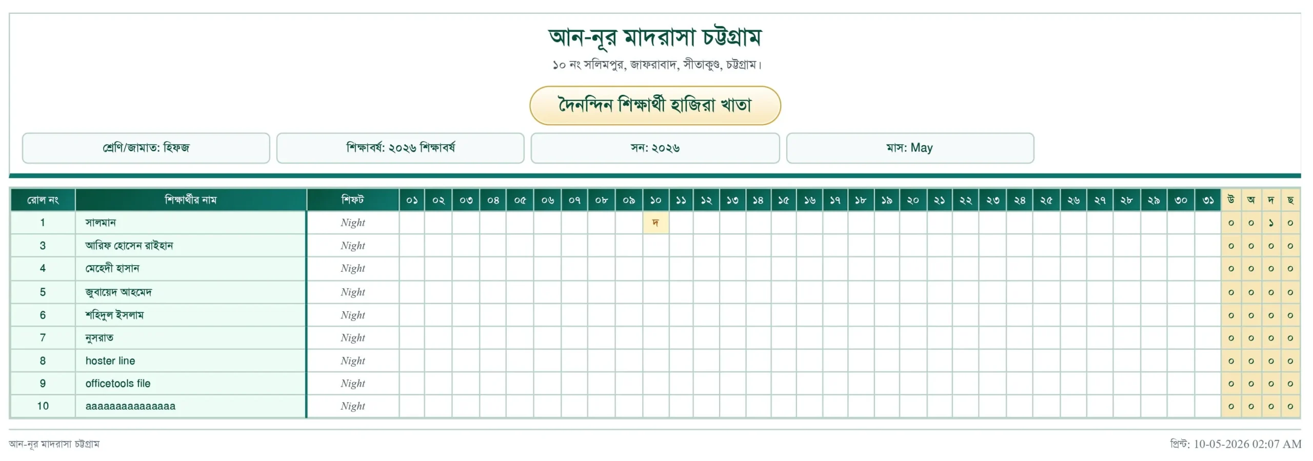 শিক্ষার্থী হাজিরা