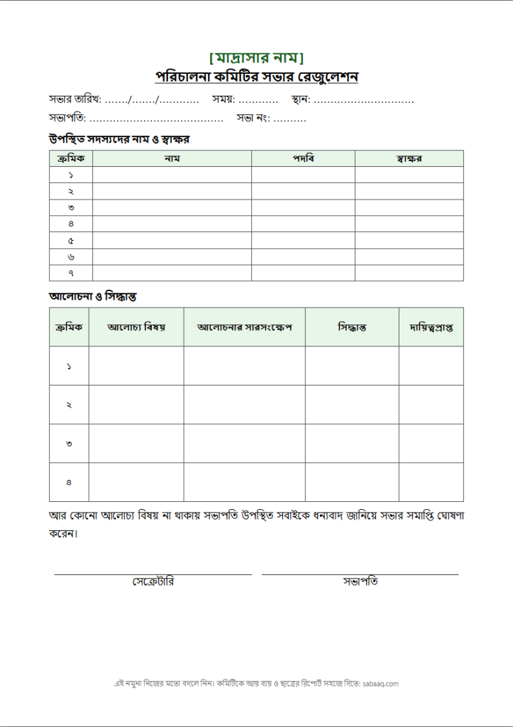 মাদ্রাসার কমিটির সভার রেজুলেশনের নমুনা ছক (ফ্রি Word টেমপ্লেট)