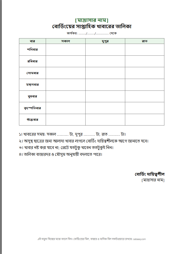 মাদ্রাসা বোর্ডিংয়ের সাপ্তাহিক খাবারের তালিকার নমুনা (ফ্রি Word টেমপ্লেট)