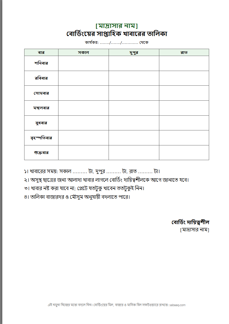 মাদ্রাসা বোর্ডিংয়ের সাপ্তাহিক খাবারের তালিকার নমুনা (ফ্রি Word টেমপ্লেট)