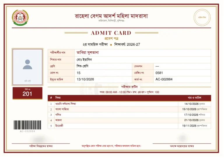 প্রবেশপত্র: একাডেমিক, ছবক মাদ্রাসা সফটওয়্যারের প্রিন্ট
