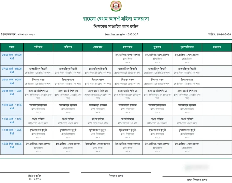 শিক্ষকের সাপ্তাহিক রুটিন, ছবক মাদ্রাসা সফটওয়্যারের প্রিন্ট