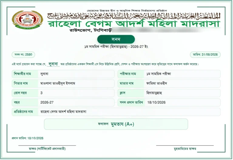 সনদ, ছবক মাদ্রাসা সফটওয়্যারের প্রিন্ট